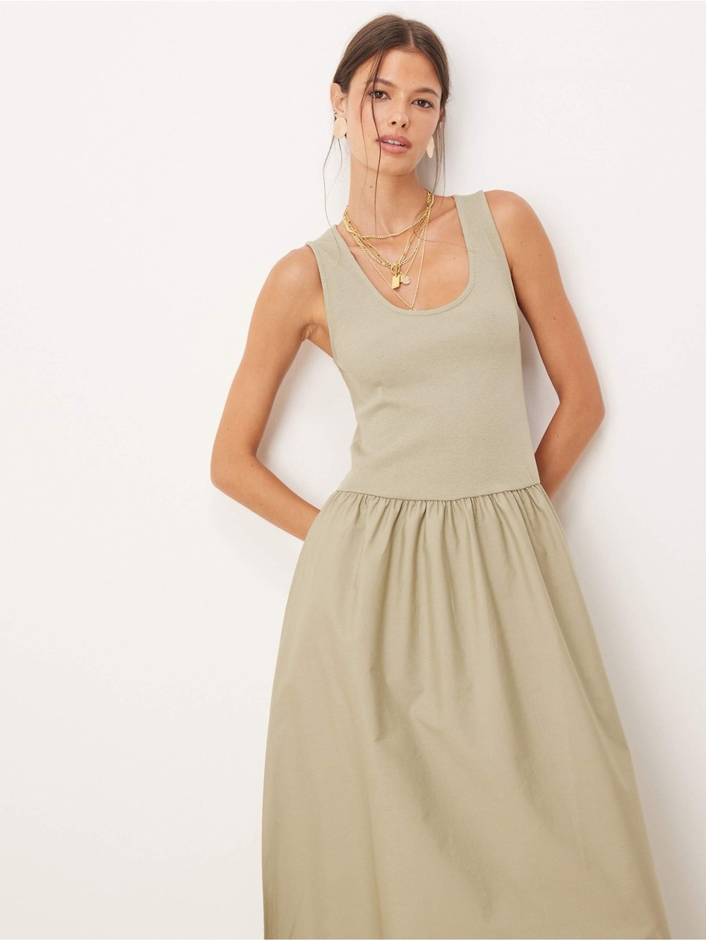 NWT Mango cotton drop waist maxi dress in khaki Slu Scoop Neck Small/4